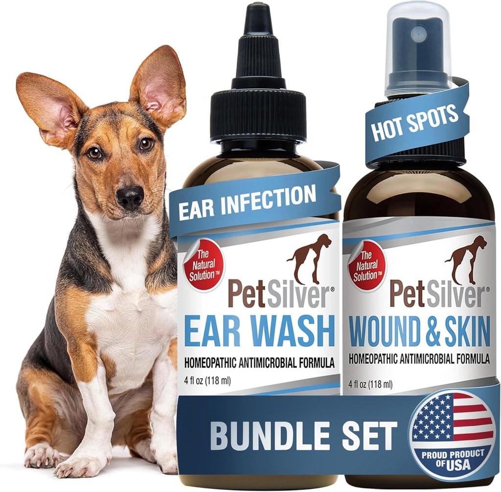 PetSilver - Wound & Skin Spray (4 fl oz) et lavage d'oreille (8 fl oz) avec argent chélaté breveté - Wound Care, Hot Spot, & Ditch Relief Spray - Ear Cleaner & Traitement pour chats et chiens - Fabriqué aux États-Unis