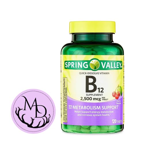 Générique Spring Valley, Vitamine B12 2500 mcg, B12 Comprimés d'arôme de cerise à diffusion rapide Supplément diététique, Vitamine B12, 120 Compte + magasin DRI +Sticker