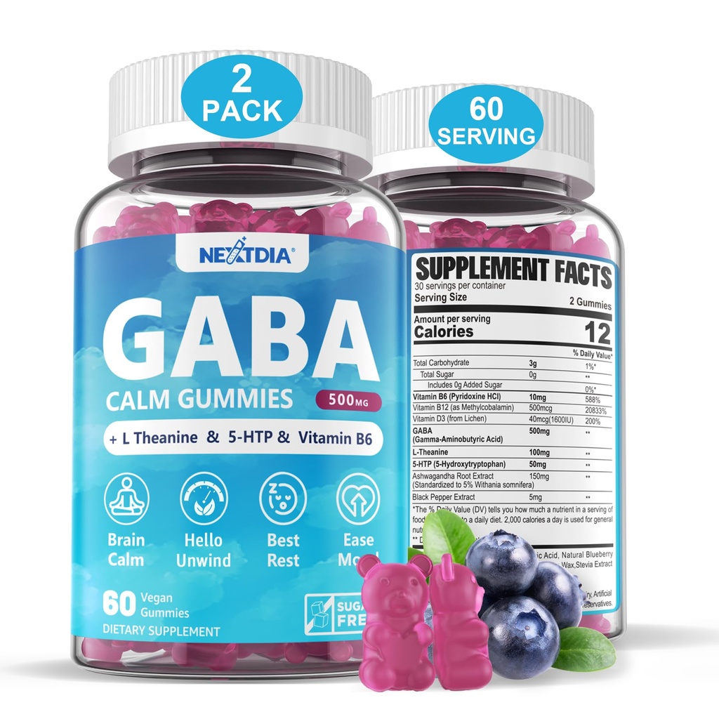 Gommies GABA 500 mg - Gommies calmes sans sucre avec L Theanine, 5-HTP, Vitamines D3, B12, Ashwagandha, Melatonine-libre pour le cerveau calme, l'humeur, Zzz mieux, supplément GABA pour adulte, Blueberry Flavor, Vegan