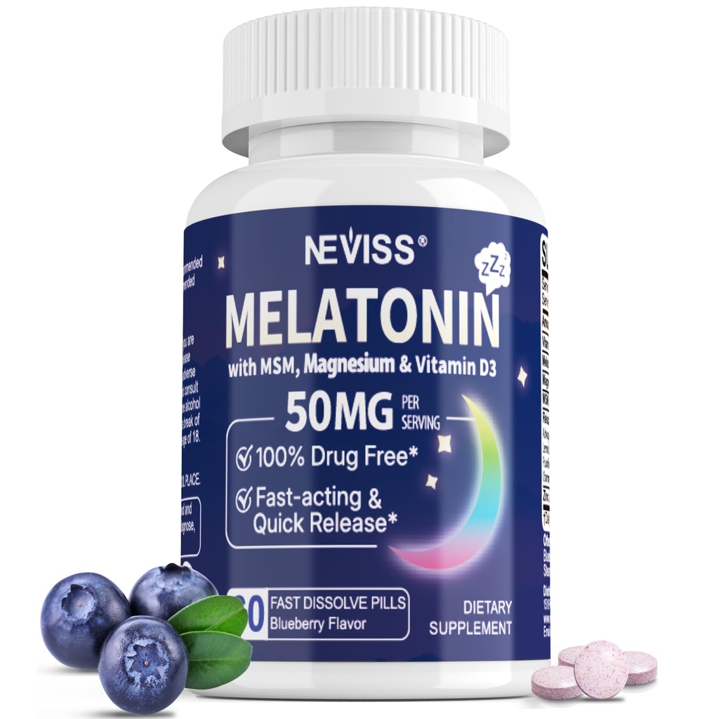 Melatonin 50 mg für Erwachsene - Extra Strength 9-in-1 Fast Dissolve Sublingual - w/Vitamin D3 & MSM, Relaxing Herbal Blend-Ashwagandha, Lemon Balm, Passionflower,Chamomile,Sugar Free, Vegan 60 Servietten
