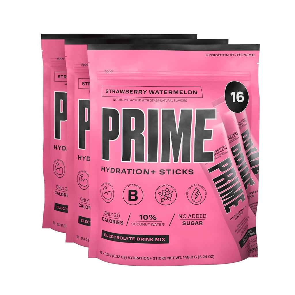PRIME HYDRATION+ Sticks Erdbeerwassermelone | Hydration Pulver Einzelne Serviersticks | Elektrolytpulver auf dem Go | Niedriger Zucker | Koffeinfrei | Vegan | 48 Sticks