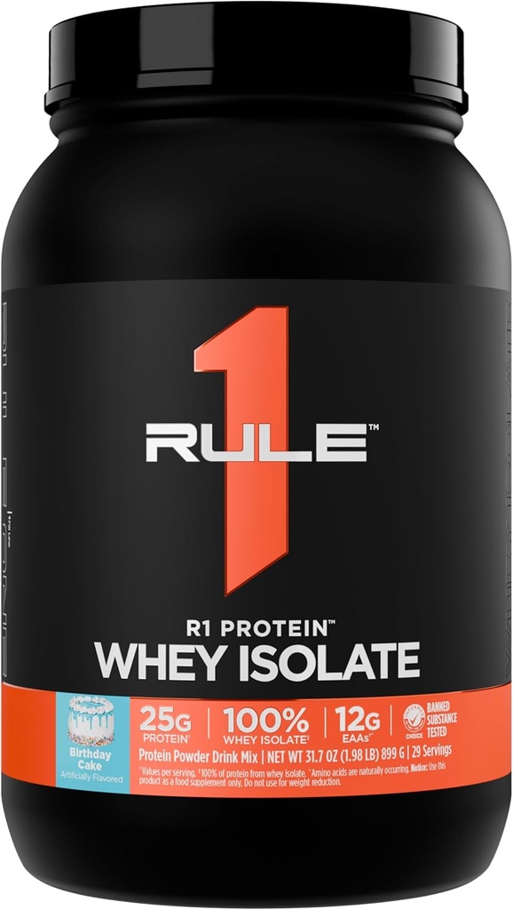 Règle 1 Isolation de lactosérum R1 - Avec 25g Protéines et 6g BCAA Exclusivement à partir de sources isolées et hydrolysées pour la récupération de l'entraînement (2 livres*, gâteau d'anniversaire)