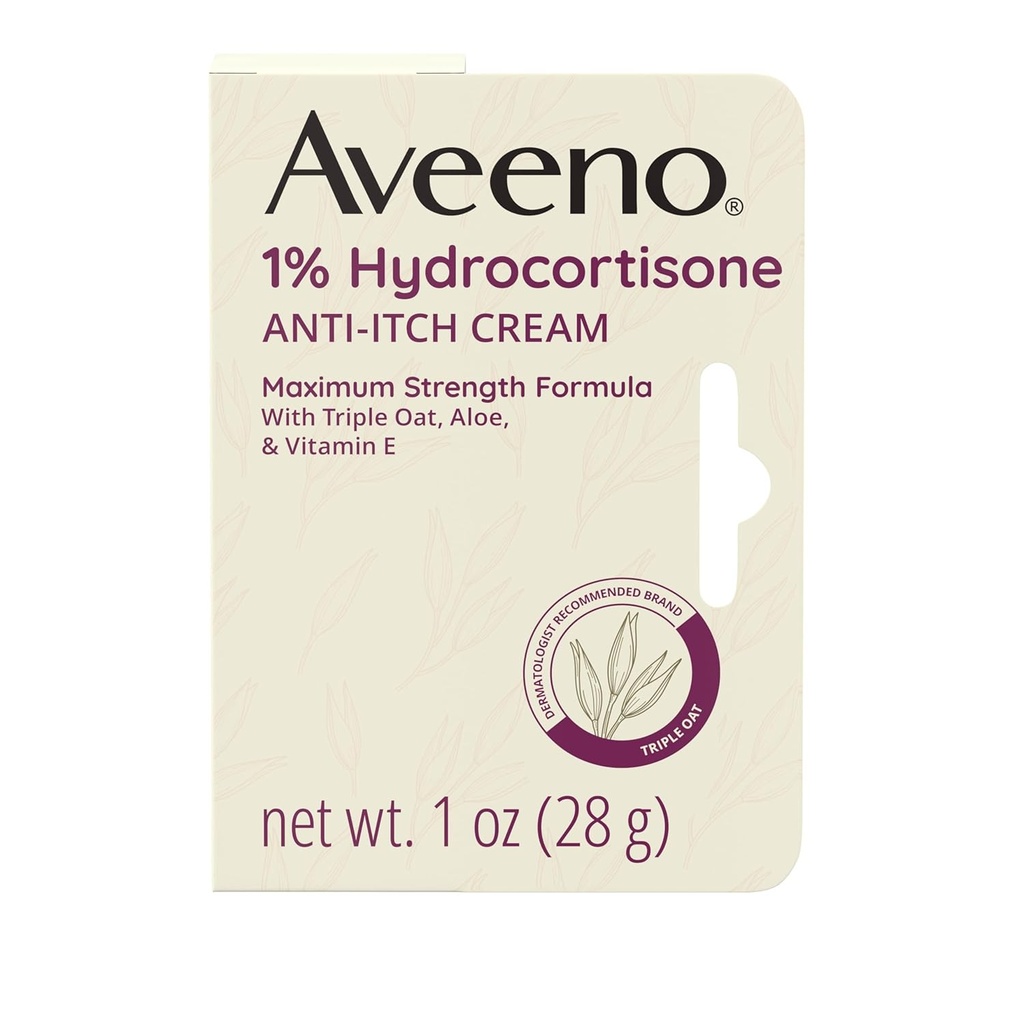 Aveeno Maximum Strength 1% Hydrocortisone Anti-Itch Cream, Triple Oat, Aloe & Vitamine E Pour le soulagement des démangeaisons de l'eczéma, du psoriasis, des piqûres d'insectes, de l'ivraie empoisonnée, du chêne et du sumac et des détergents, 1 oz, 2 pack