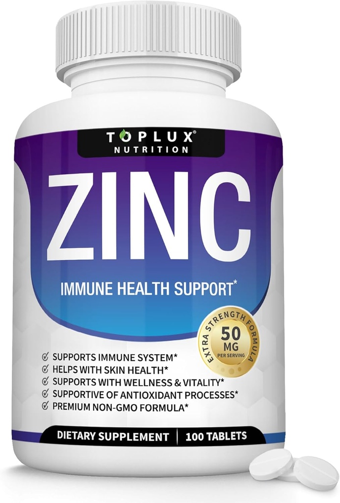 Zink-Ergänzung 50mg für Immununterstützung – Reines natürliches Zinkoxid zur Erhöhung des Immunsystems, Haut- & Antioxidans-Unterstützung, Hochpotenz-Immunitäts-Booster, für Männer Frauen, 100 Tabletten
