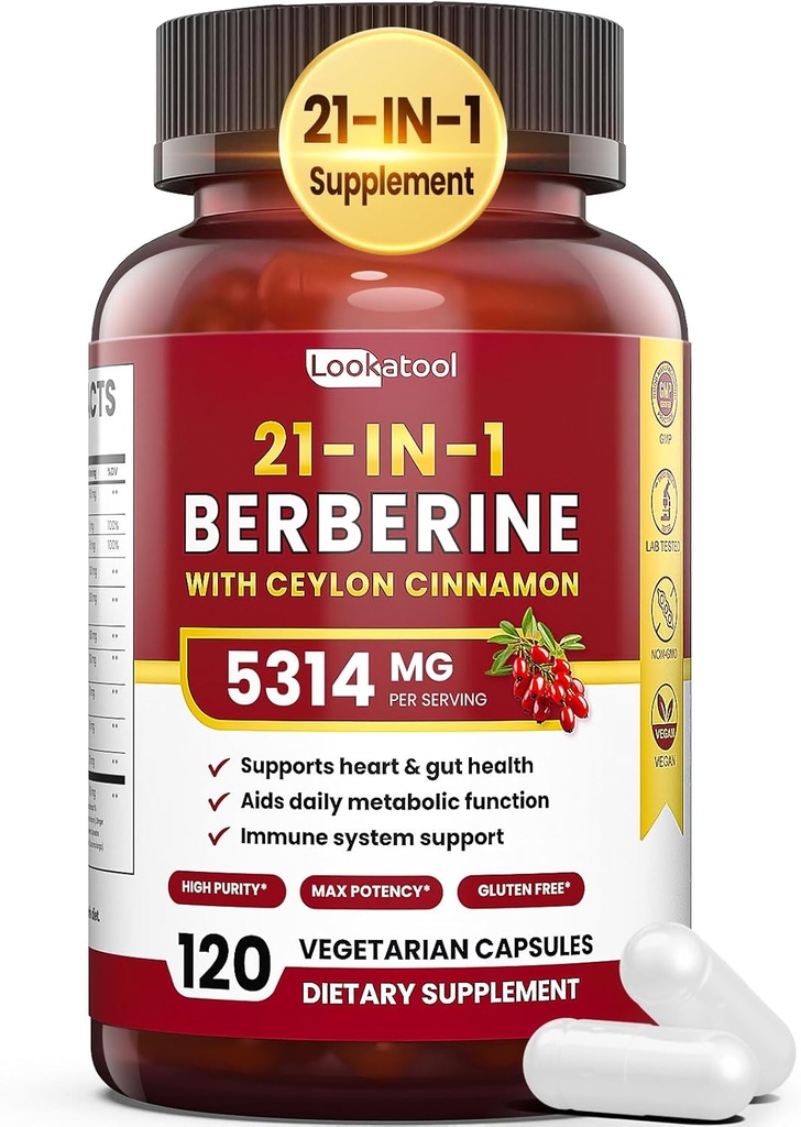 21-in-1 Berberine Ergänzung mit Ceylon Cinnamon - 1500mg Organic Berberine HCL Phytosome, 5X Höhere Absorption für Stoffwechselunterstützung 100 Kapseln