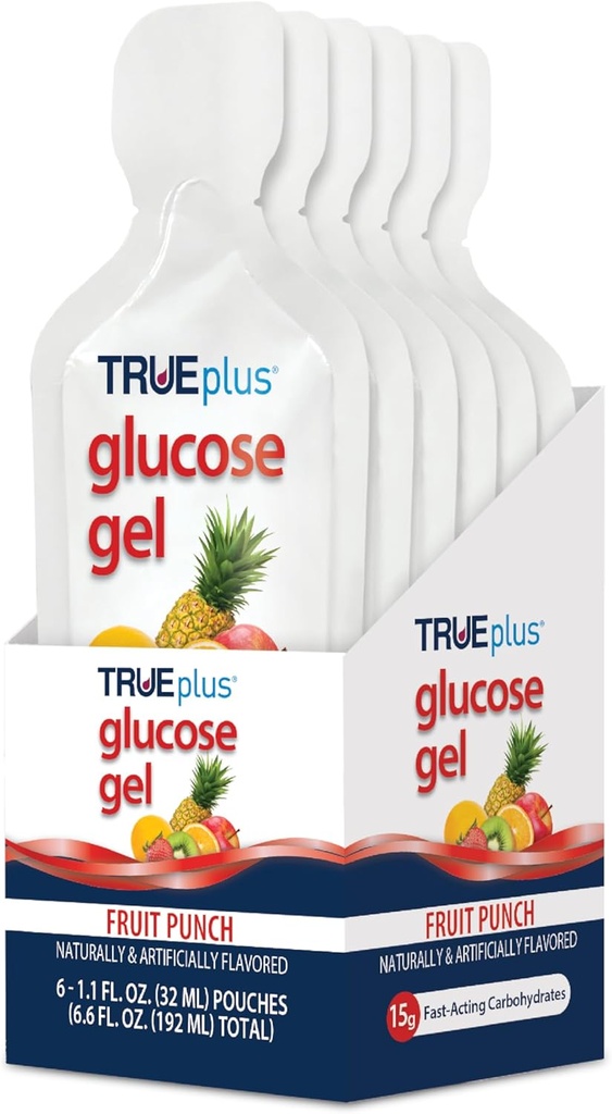 TRUEplus Glucose Gel Pouch, Fruit Punch Flavor, 15g schnell wirkende Kohlenhydrate, fettfrei, Glutenfrei, schnelle Unterstützung für niedrigen Blutzucker und Energie, 6 Pack