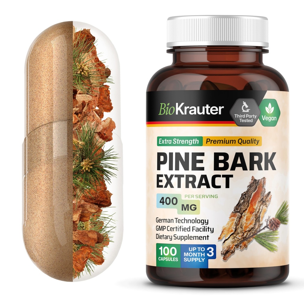 BIO KRAUTER Capsules d'extrait d'écorce de pin 400 mg - 100 Compte - Supplément antioxydant - 95% Proanthocyanidines - Supplément d'écorce de pin - Vegan, Pas de remplissage