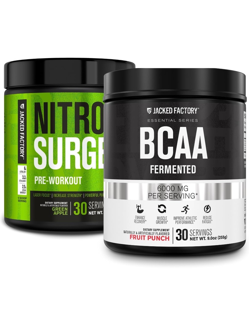 Jacked Factory Nitrosurge PreWorkout in Green Apple & BCAA in Fruit Punch für Muskelaufbau und Erholung