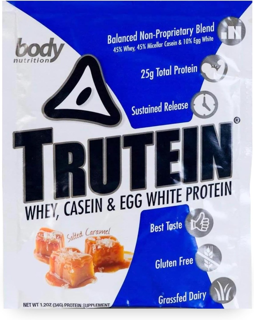 Nutrition corporelle, poudre de protéines de Trutein, petit déjeuner agité, substitut de repas et mélange de boisson de récupération avant et après l'entraînement, 25 grammes de protéines, caramel salé, 34 grammes d'échantillon