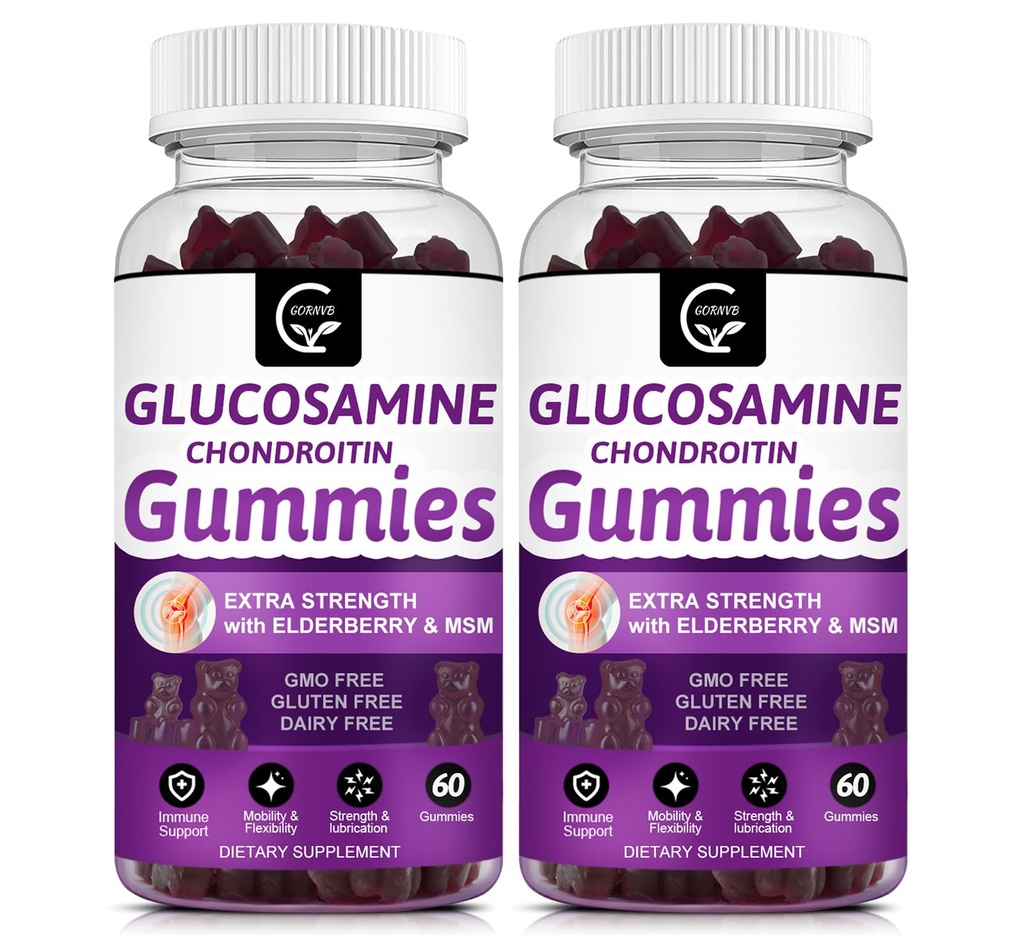 GORNVB Glucosamin Chondroitin-Gummi mit MSM & Elderberry Extra Strength - Flexibilitätsunterstützung, antioxidative Immununterstützungsergänzung für Erwachsene, Männer und Frauen - 60 Chondroitin-Gummi (2 Packung)