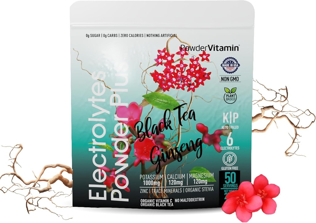 PoudreVitamine Electrolytes Poudre Plus (50 portions) Thé noir Ginseng Electrolyte Poudre Keto, Sans sucre, Sel rose d'Himalaya,1000mg Potassium,120mg Calcium,120mg Magnésium, Poudre d'hydratation
