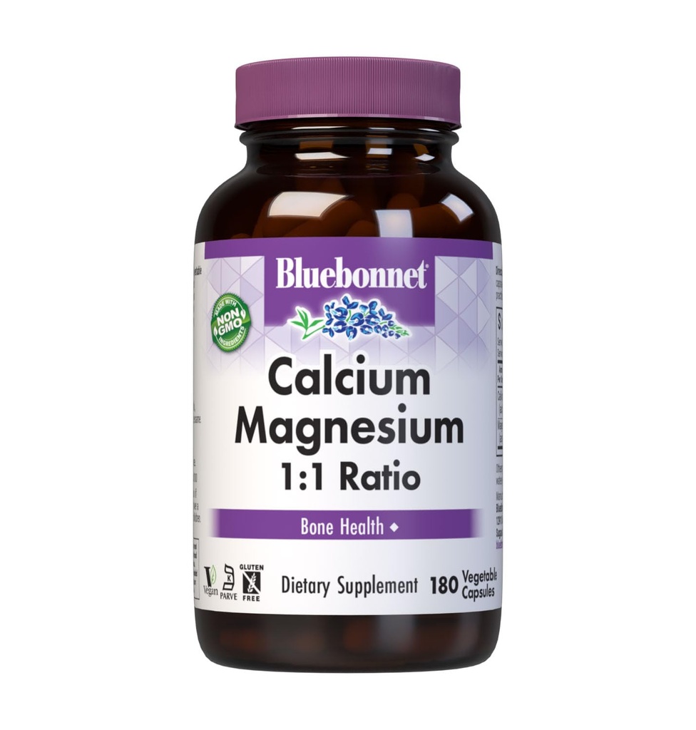 BlueBonnet Calcium Magnesium 1:1 Ratio Vegetarische Kapseln, 180 Count, Weiß