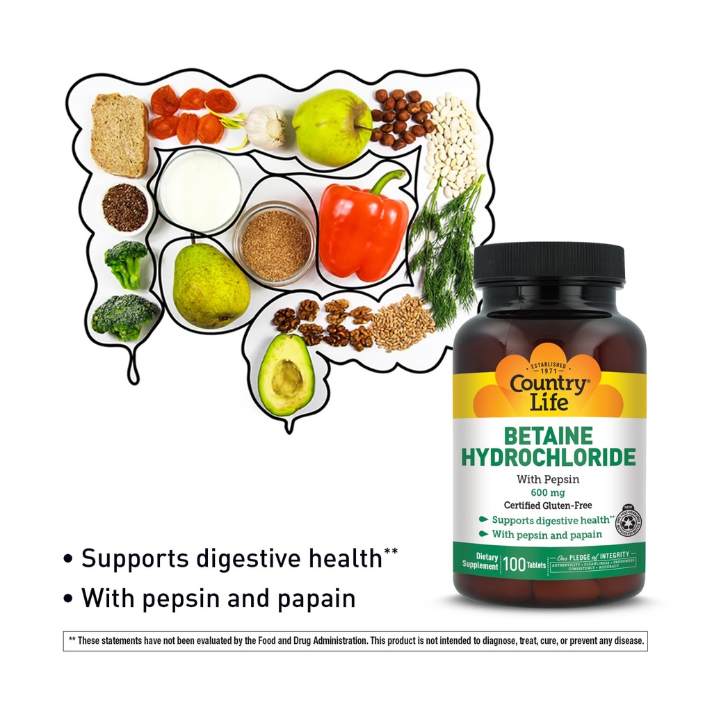 Hydrochlorure de bétaïne à base de pepsine, 600mg, 100 comprimés, sans gluten certifié