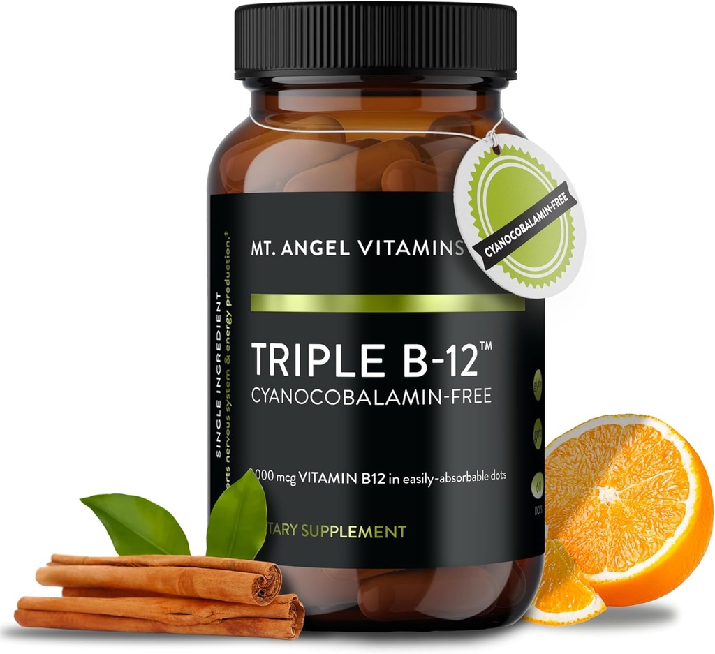 Mt. Angel Vitamins - Dreifache B-12 Punkte | Schnellauflösende Punkte, Mischung aus Methylcobalamin, Adenosylcobalamin & Hydroxocobalamin, unterstützt Energie und Nervous System Health – 60 Punkte