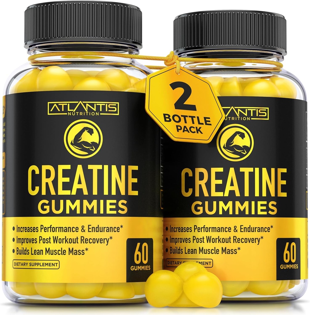 Atlantis Nutrition Creatine Monohydrate Gummis für Kraft & Athletische Leistung - 5g Kreatin pro Servieren - Muskel, Boost Performance & Endurance & Verbessern Post Workout Erholung - 120 Count