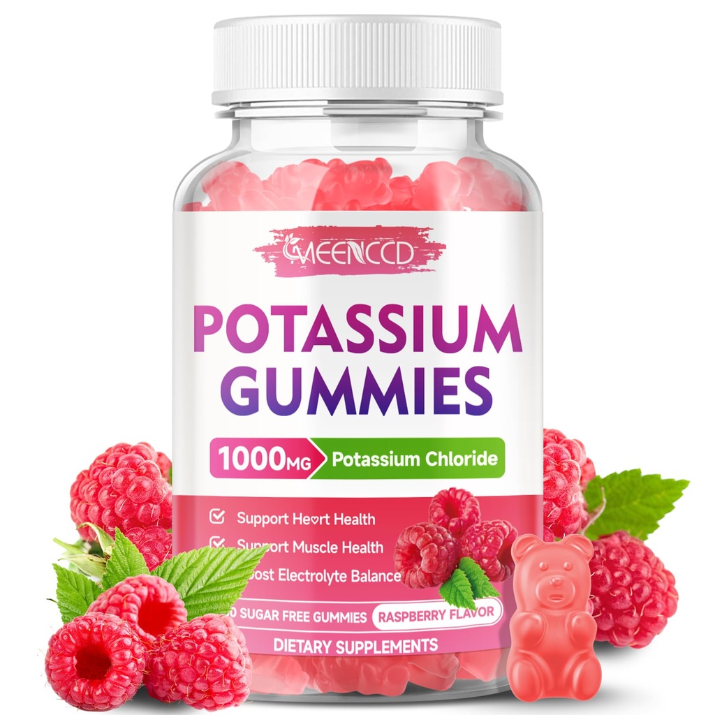 Kalium-Gummi-Gummi, Kalium-Chlorid 1000mg für Erwachsene, Zuckerfreie Kalium-Ergänzung Gummis unterstützen Elektrolyt Balance & Leg Kramps für Frauen & Männer, Himbeer Geschmack, 60 Zähler