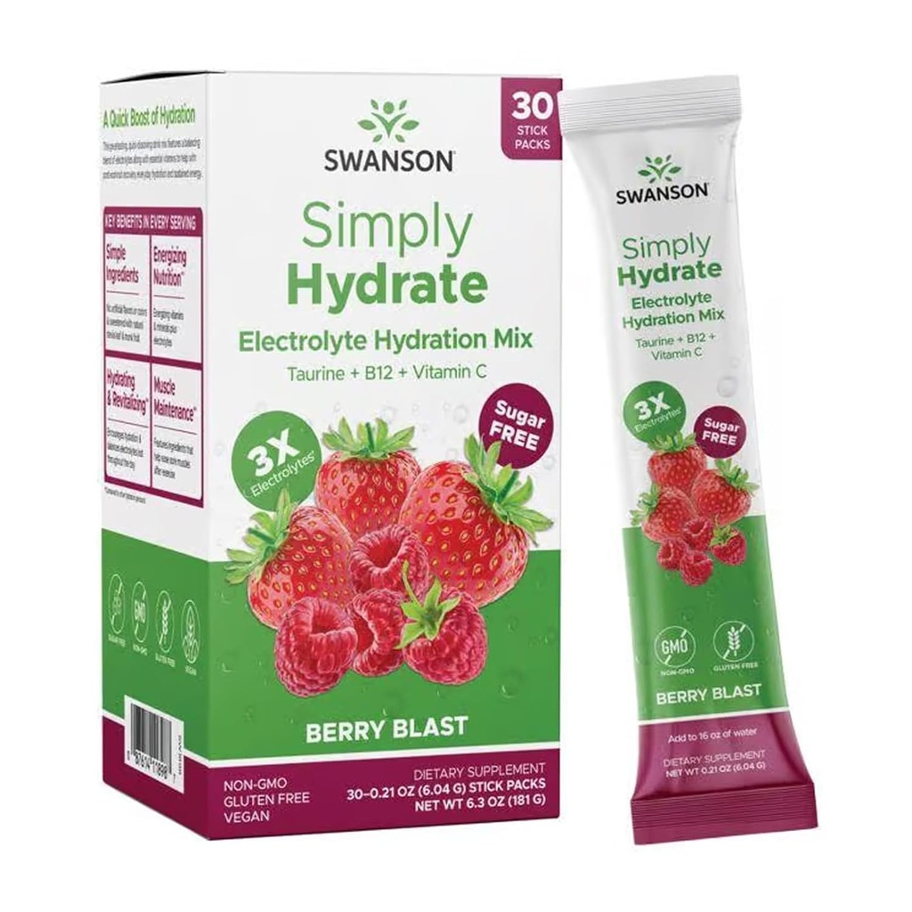 Swanson einfach Hydrate Elektrolyt-Pulvermischung - Zuckerfreie Getränkemischung mit 0 Kalorien - Günstig On-The-Go Hydration Powder - Advanced Electrolyte Drink Mix - Berry Blast Flavor - 30 Packungen