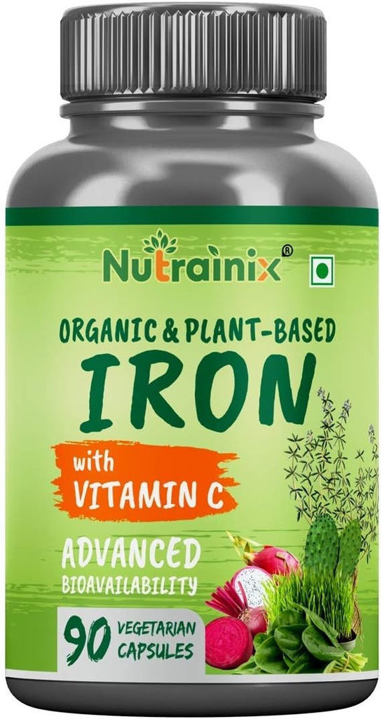 Supplément de fer biologique avec vitamine C, betterave, feuilles d'épinards pour la fonction des globules rouges - 90 capsules végétariennes