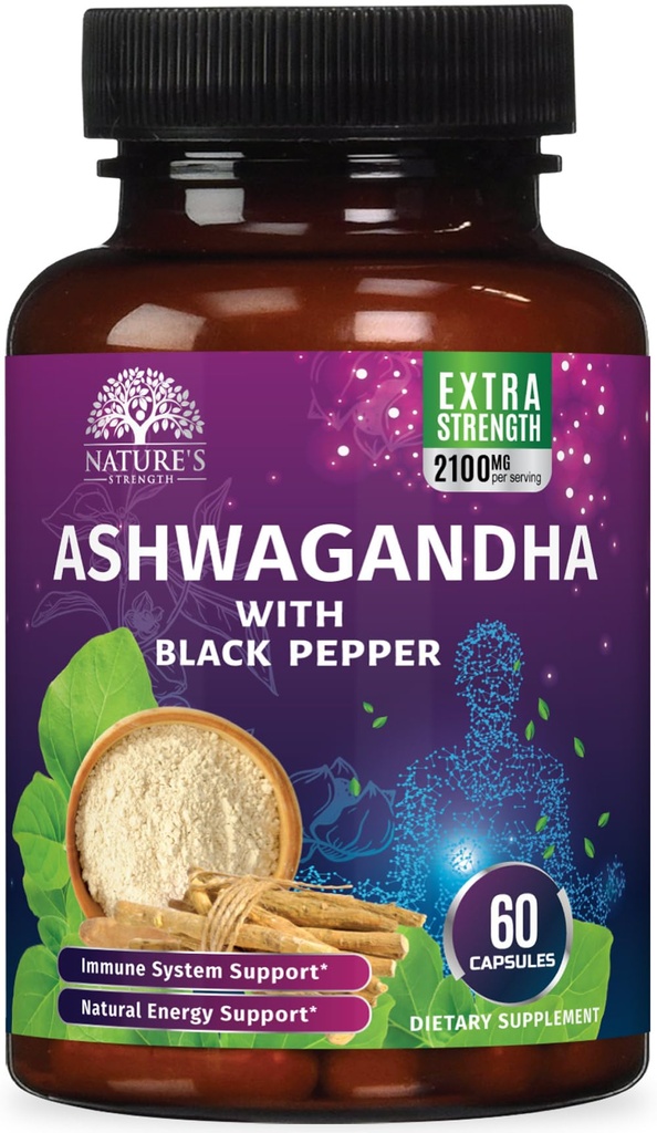 Ashwagandha Ergänzungen 2100mg - Extra Strength Ashwagandha Powder & Root Extract mit schwarzem Pfeffer für maximale Absorption, pflanzliche Antioxidantien Ergänzungen für Frauen und Männer, Vegan, Non-GMO - 60 Kapseln