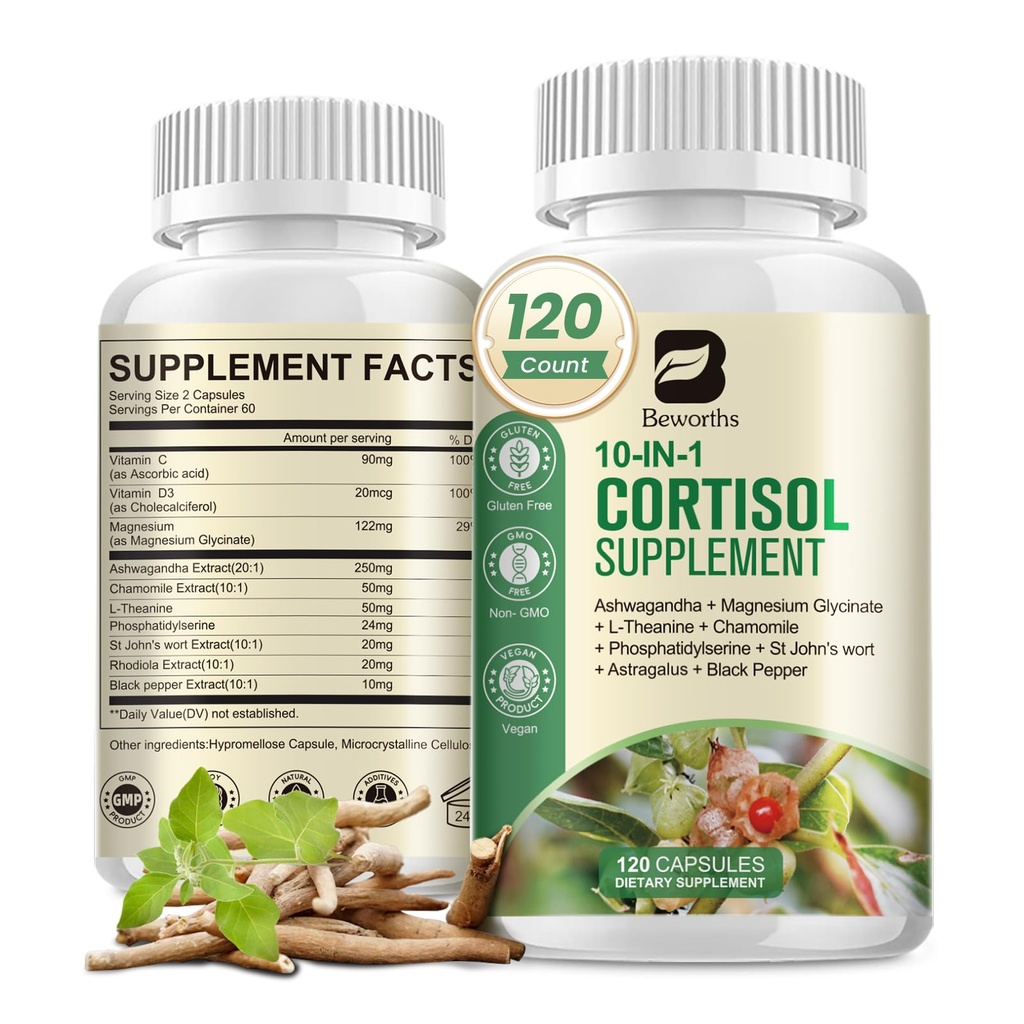 Suppléments de cortisol pour les femmes hommes, 10-en-1 Détox de cortisol avec Ashwagandha, Magnésium, L-Theanine, Niveaux équilibrés de cortisol, Soutien nocturne et calme, 120 Capsules Vegan