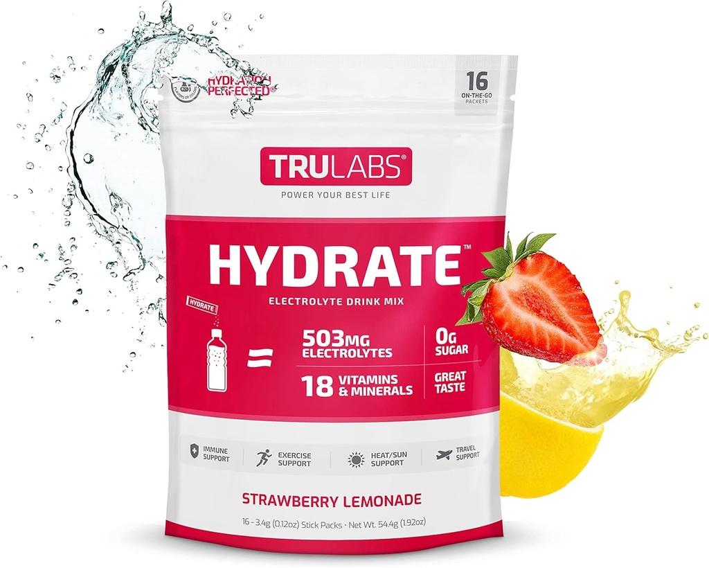 TRULABS Limonade de fraise hydratée, Mélange de boisson en poudre d'électrolyte d'hydratation, 16 bâtons. Zéro sucre, seulement 5 calories, 503mg électrolytes.