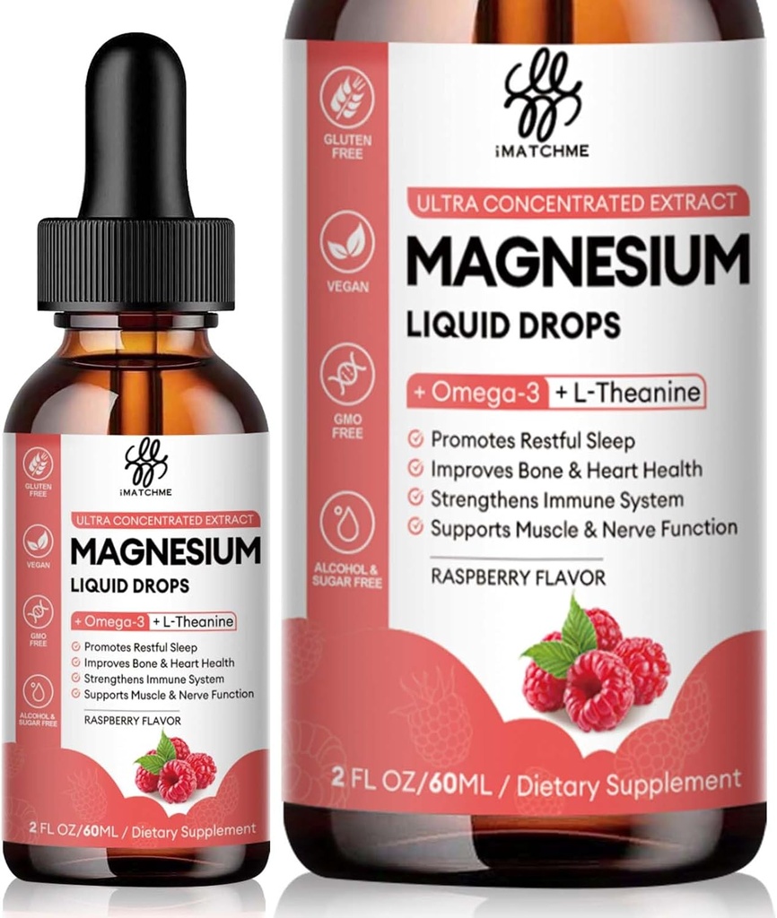 Calm Magnésium Liquid Drop avec Magnésium Glycinate, Citrate, Oxyde et Taurate pour les os, le cœur, le muscle, Immune, l'énergie, le sommeil et la digestion, haute absorption, sans sucre, framboise, 2 Fl Oz