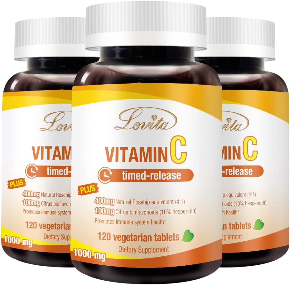 Lovita Vitamin C 1000mg mit Bioflavonoiden & Rose HIPS, Timed Release Coating, hohe Potenz, Unterstützung Boost Gesunde Immunfunktion, 120 vegetarische Tabletten für 4 Monate Versorgung (Pack von 3)