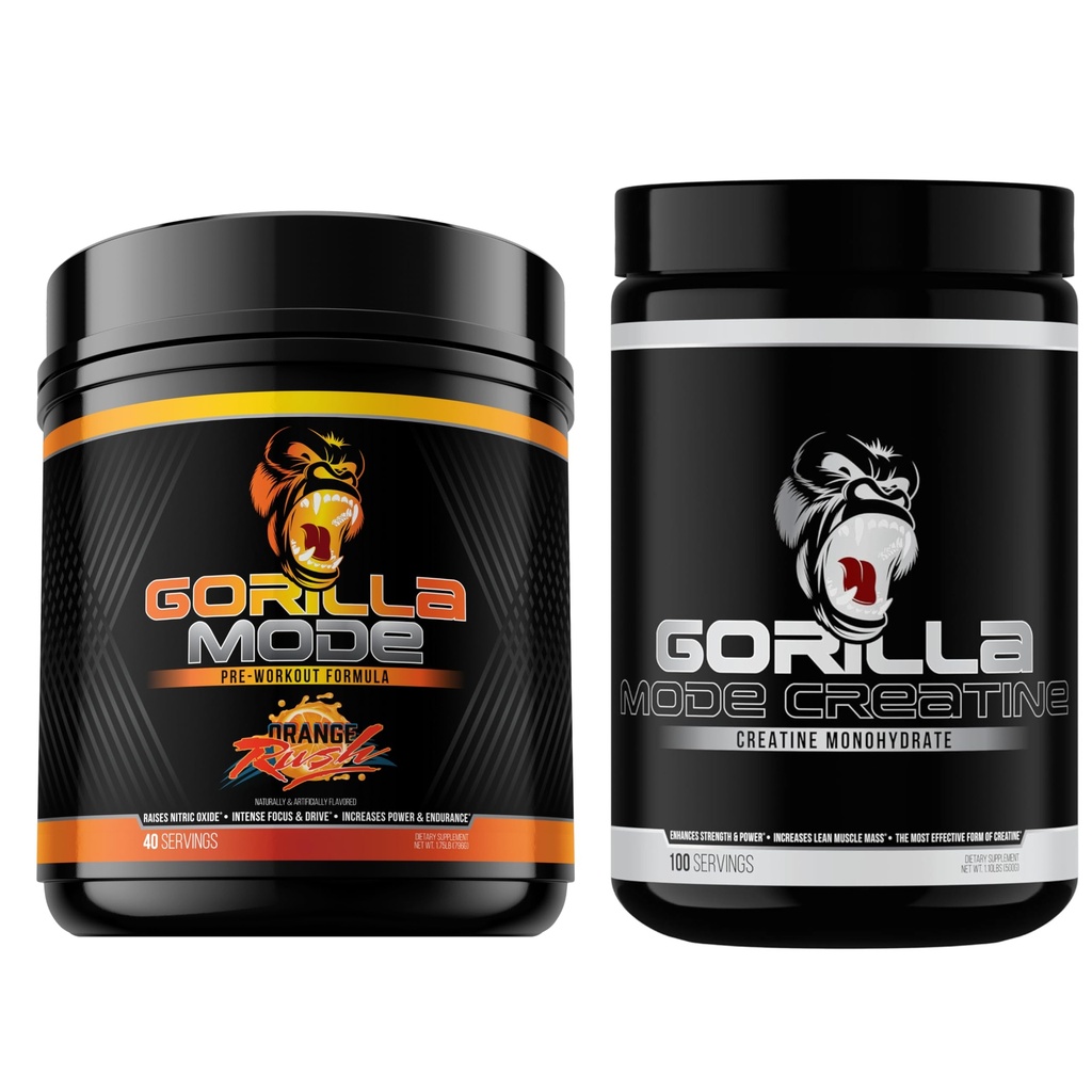 Gorilla Mind Pre Workout (Orange Rush) + Creatine (100 Serv.) - Umfassendes Stack für verbesserte Kraft, Leistung und Muskelgröße
