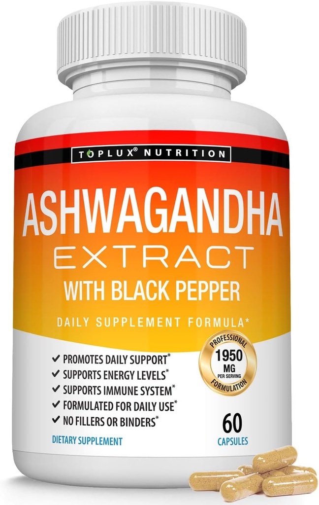 Bio Ashwagandha Root Powder Pillen 1950 Mg mit schwarzem Pfeffer Extrakt - reine natürliche Ashwagandha Ergänzung, Unterstützung Energie, für Männer Frauen, 60 Kapseln