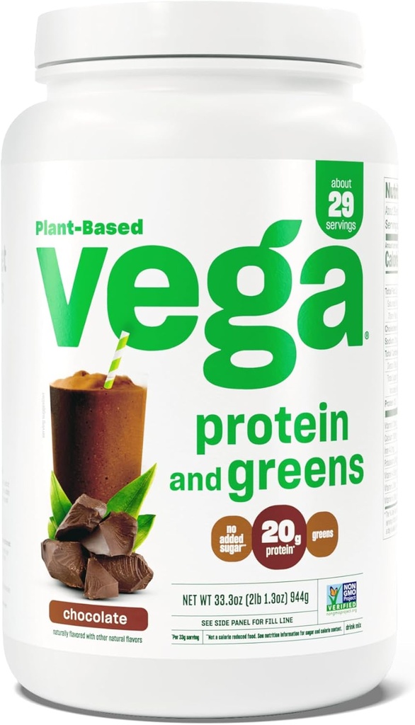 Vega Protein and Greens Protein Powder, Chocolate - 20g Plant Based Protein Plus Veggies, Vegan, Non GMO, Pea Protein für Frauen und Männer, 2.1bs