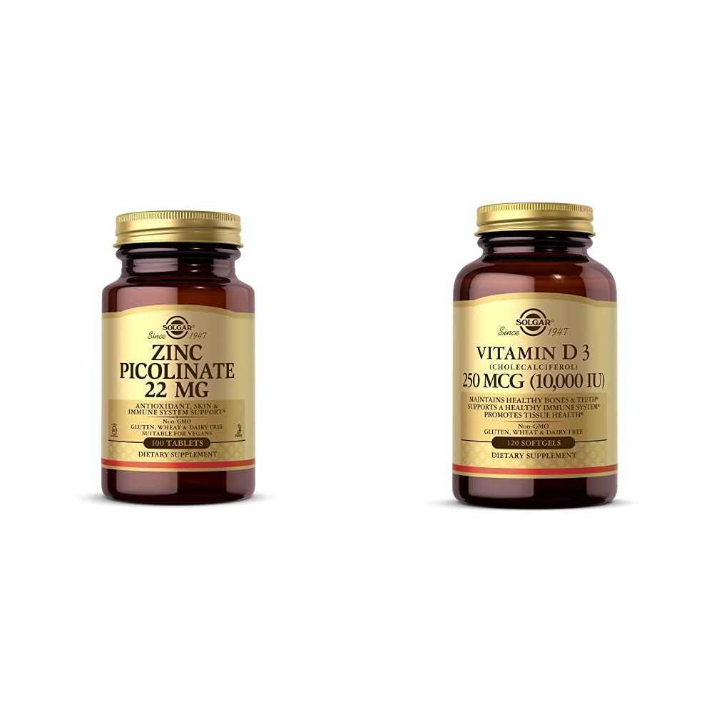 Solgar Zink Picolinat 22 mg, 100 Tabletten - Fördert gesunde Haut - Unterstützt Immunsystem, Normal T mit Vitamin D3 (Cholecalciferol) 250 MCG (10.000 IU), 120 Softgels - Hilft, gesunde Knochen zu erhalten