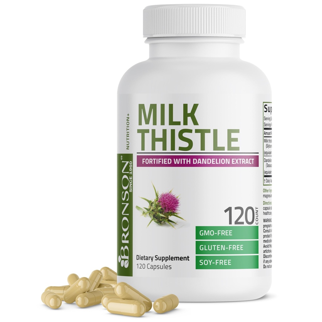 Bronson Thistle de lait Silymarin Marianum & Extrait de dandelion Soutien de santé du foie, Antioxydant Soutien, Détox, 120 Capsules