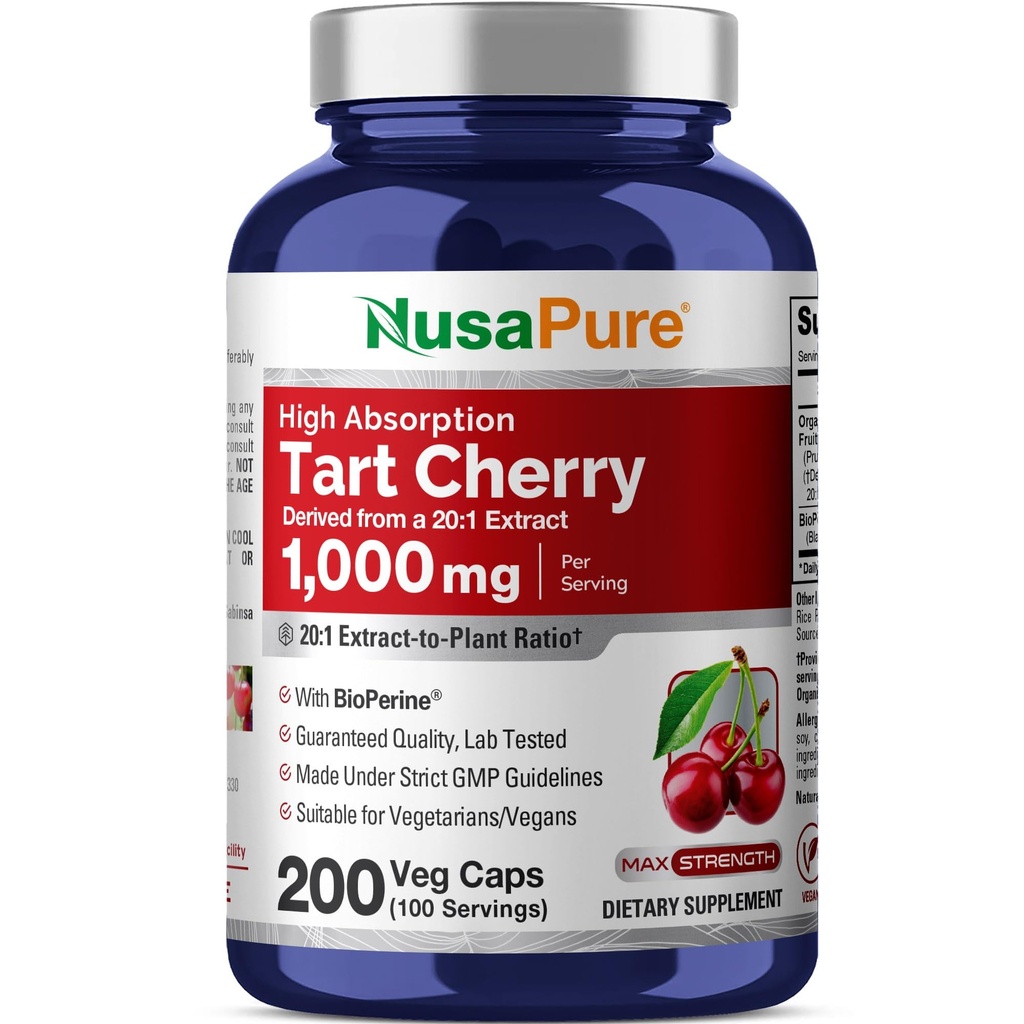 NusaPure Organic Tart Cherry 20:1 Extrakt, 1000 mg Äquivalent zu 20.000 mg 200 Veggie Caps (Vegan, Non-GMO) Bioperine