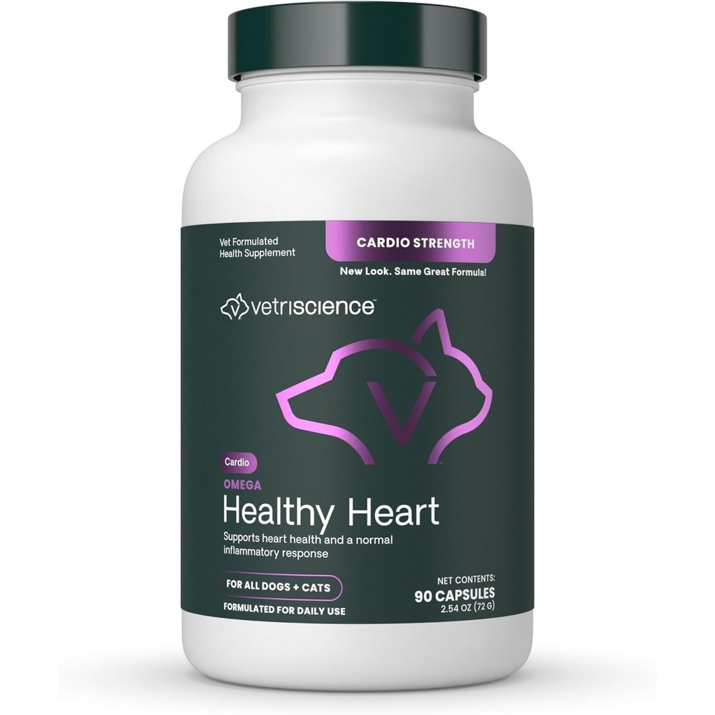 VetriScience Omega Healthy Heart Easy-Open Capsules, Cardio Strength Taurine und Omega-3 Ergänzung für Hunde und Katzen, Herzunterstützung Ergänzung für Haustiere, 90 Zähler