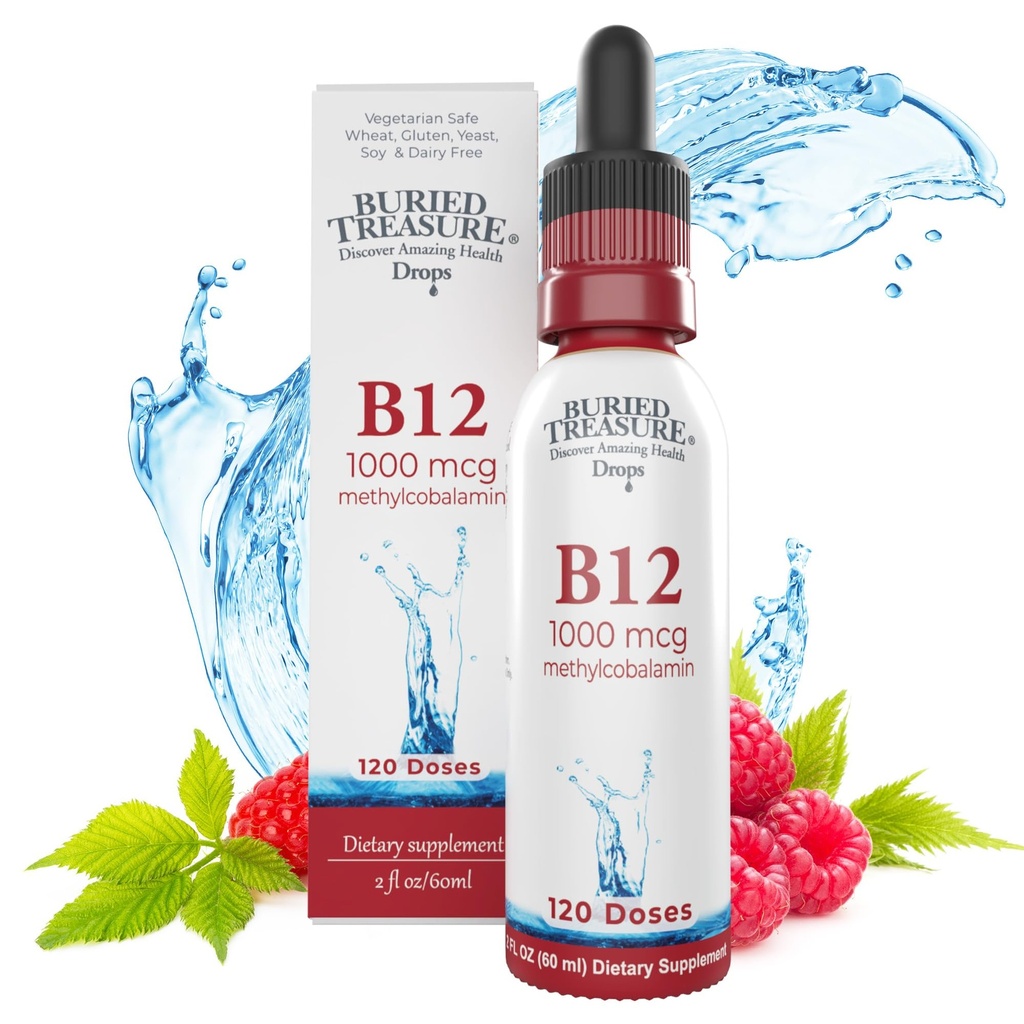 Buried Treasure B12 Tropfen - 1000mcg Vitamin B12 Methylcobalamin per Servieren, 120 Portionen - Sublingual B12, Alkoholfrei, Vegan, Himbeer Flavor, 2 Unzen Flasche, Graduierte Tropfen genaue Dosierung