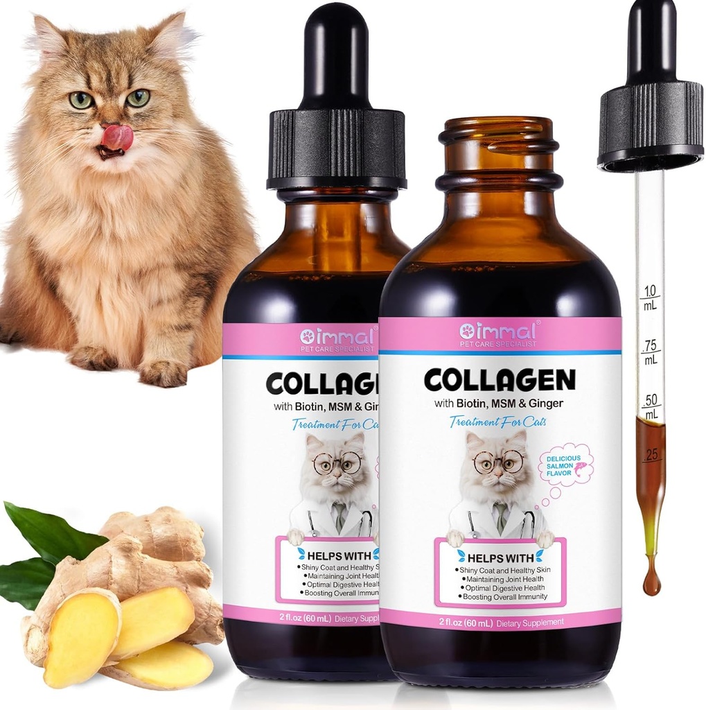 2Pack Collagène liquide pour chats, Collagène pour chats 2 fl.oz, Supplément de peau et de manteau pour chats, Démangeaison pour chats avec allergies, avec collagène Bovin, Biotine, MSM, Ginger, Collagène pour chats gouttes