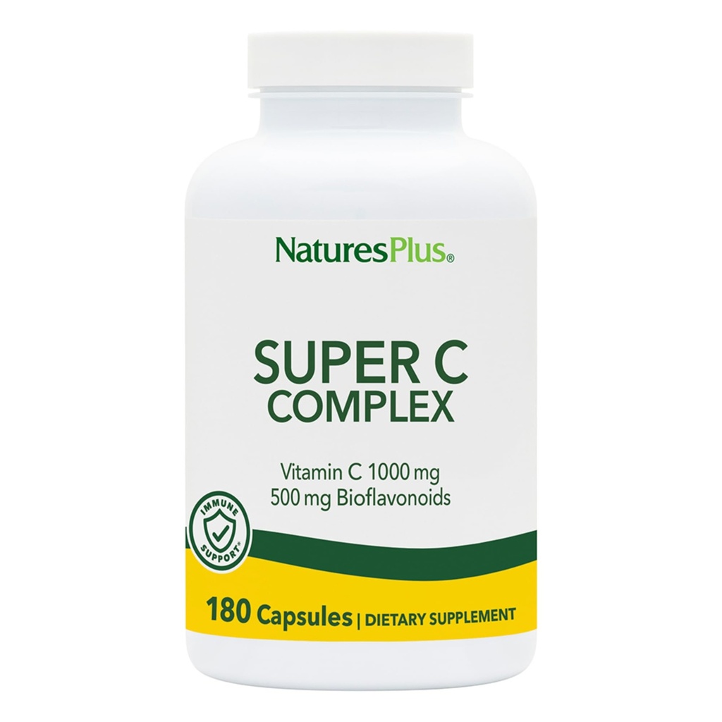 NaturesPlus Super C Complex - 180 Kapseln - 1000mg Vitamin C + 500mg Bioflavonoide - Vegan, Glutenfrei - 90 Portionen