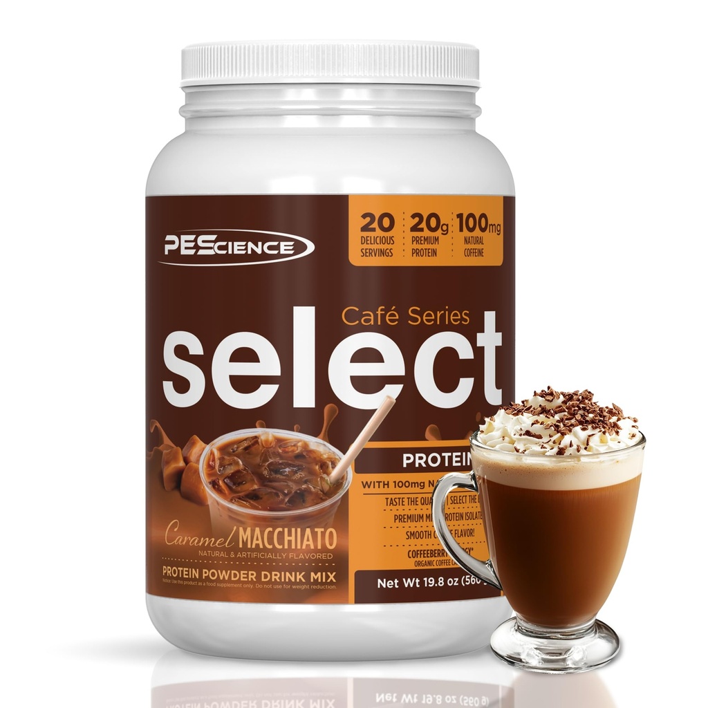 PEScience Wählen Sie Cafe Protein Kaffee Flavored Powder, Caramel Macchiato, 100mg Koffein, 20g Iced Protein Kaffeepulver oder Creamer, 20 Servierungen