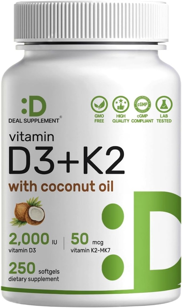SUPPLÉMENT DE DÉAL Vitamine D3 2,000 UI + K2 MK7 50mcg Softgels.Complexe 2-en-1 avec huile de coco vierge.