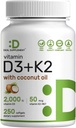 DEAL SUPPLEMENT Vitamin D3 2.000 IU + K2 MK7 50mcg Softgels | 2-in-1 Complex mit Virgin Coconut Oil | Unterstützt Herz, Knochen, Zähne & Immune Gesundheit | Einfach zu schlucken