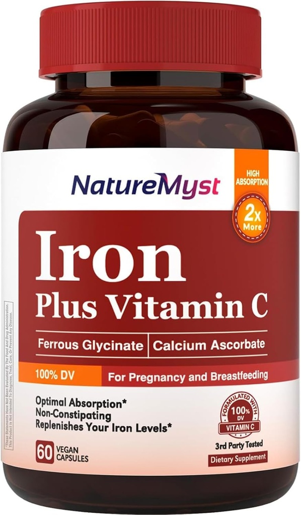 Sanfte Eisen-Ergänzung für Frauen Männer, 27mg Eisen Bisglycinat Plus 120mg Vitamin C, Stomach freundlich, Optimale Absorption & Non-Constipating Eisen Pillen, Glutenfrei, Non-GMO, 60 Vegan Caps