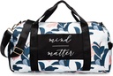 Sac de gym pour femmes avec compartiment de chaussures et poche humide. Sac de gym léger durable avec citation motivation et graphisme.