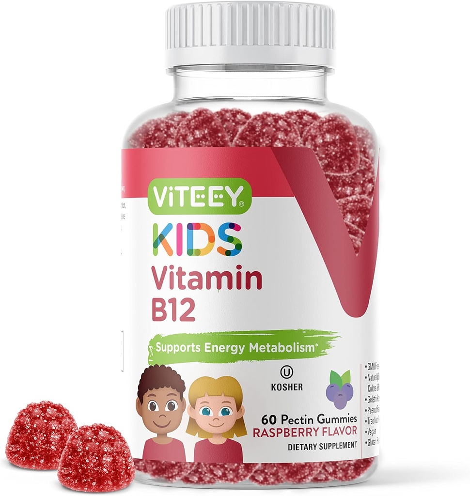 Viteey Vitamin B12 für Kinder Gummie, 1000mcg - Metabolismus, Natürliche Energie-Unterstützung - Vegan, Gelatin frei, Glutenfrei, GMO kostenlos - Tasty Chewable B12 Raspberry Flavored Gummy