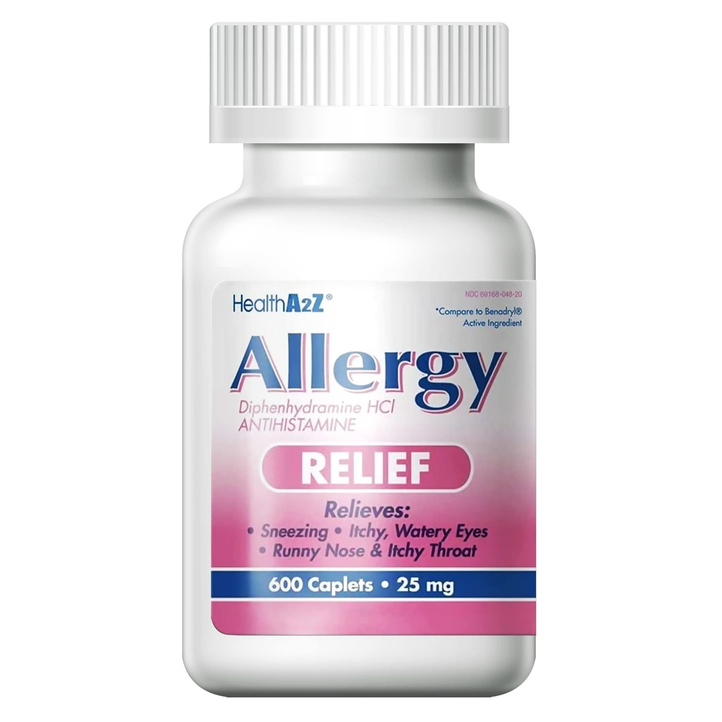 HealthA2Z® Allergy Relief - Diphénhydramine HCL 25mg - Antihistaminique Relief from Itchy Throat, Sternezing, Runny Noses - Intérieur et Extérieur Allergies (600 Caplets (paquet de 1))