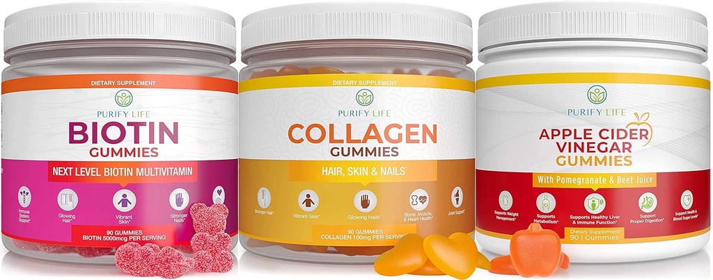 Purify Life Apple Cider Essig, Collagen & Biotin Bundle, Gut Health & Digestion, Gummis for Hair Growth, Healthier Skin & Nails, Vegan, Gluten Free, Non-GMO Alle natürlichen Ergänzungen