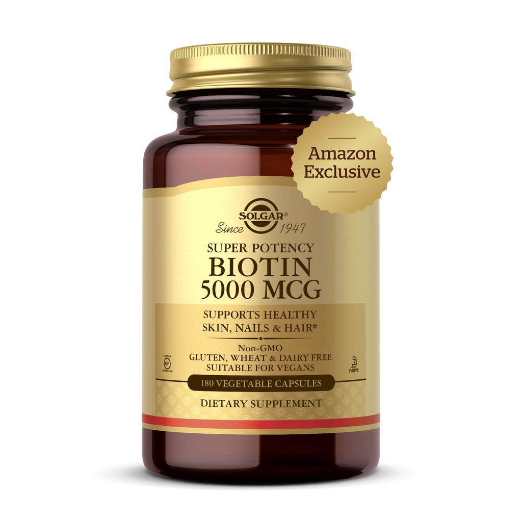 Solgar Biotin 5000 mcg - Soutient une peau, des ongles et des cheveux sains - Soutient la production d'énergie et le métabolisme - Vitamine B - Non-OGM, végétalien, sans gluten - 180 Compte