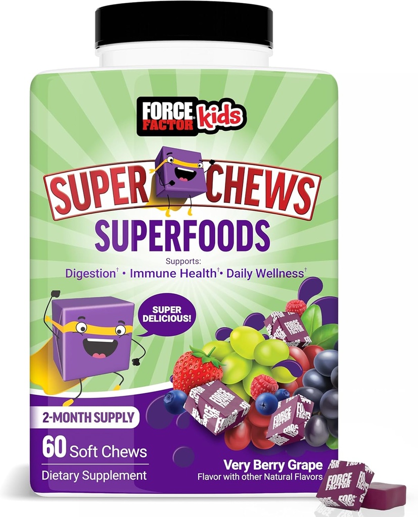 FACTEUR DE FORCE Enfants Superfood Chews, Vitamines pour enfants C & D, Supplément de soutien immunitaire avec le soutien antioxydant des fruits et légumes en poudre, 2 mois d'approvisionnement, Saveur de raisin très baie, 60 Chews doux