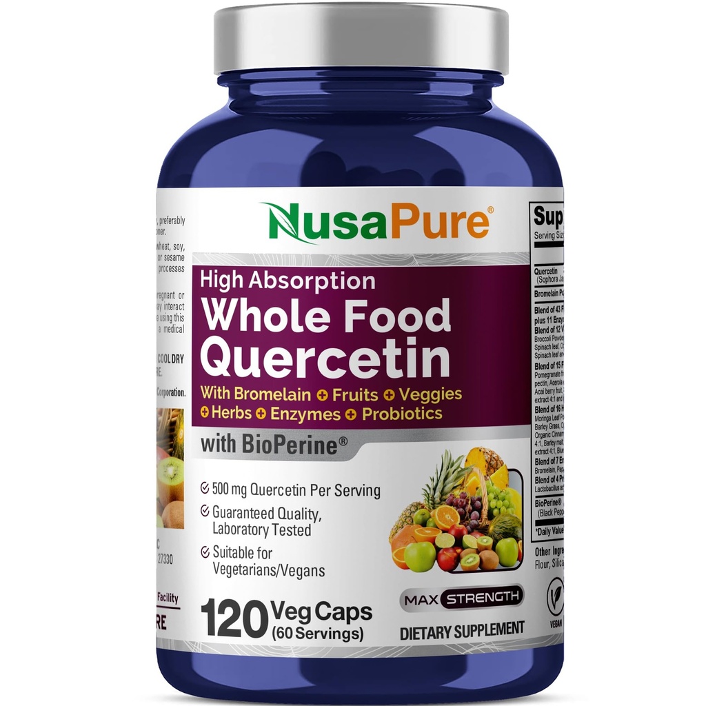 NusaPure Quercetin mit Bromelain 500mg |120 Veggie Caps | 43 Fruit Veggie Grain Herbs Enzyme Probiotic Blend | Non-GMO, Vegan, Bioperine