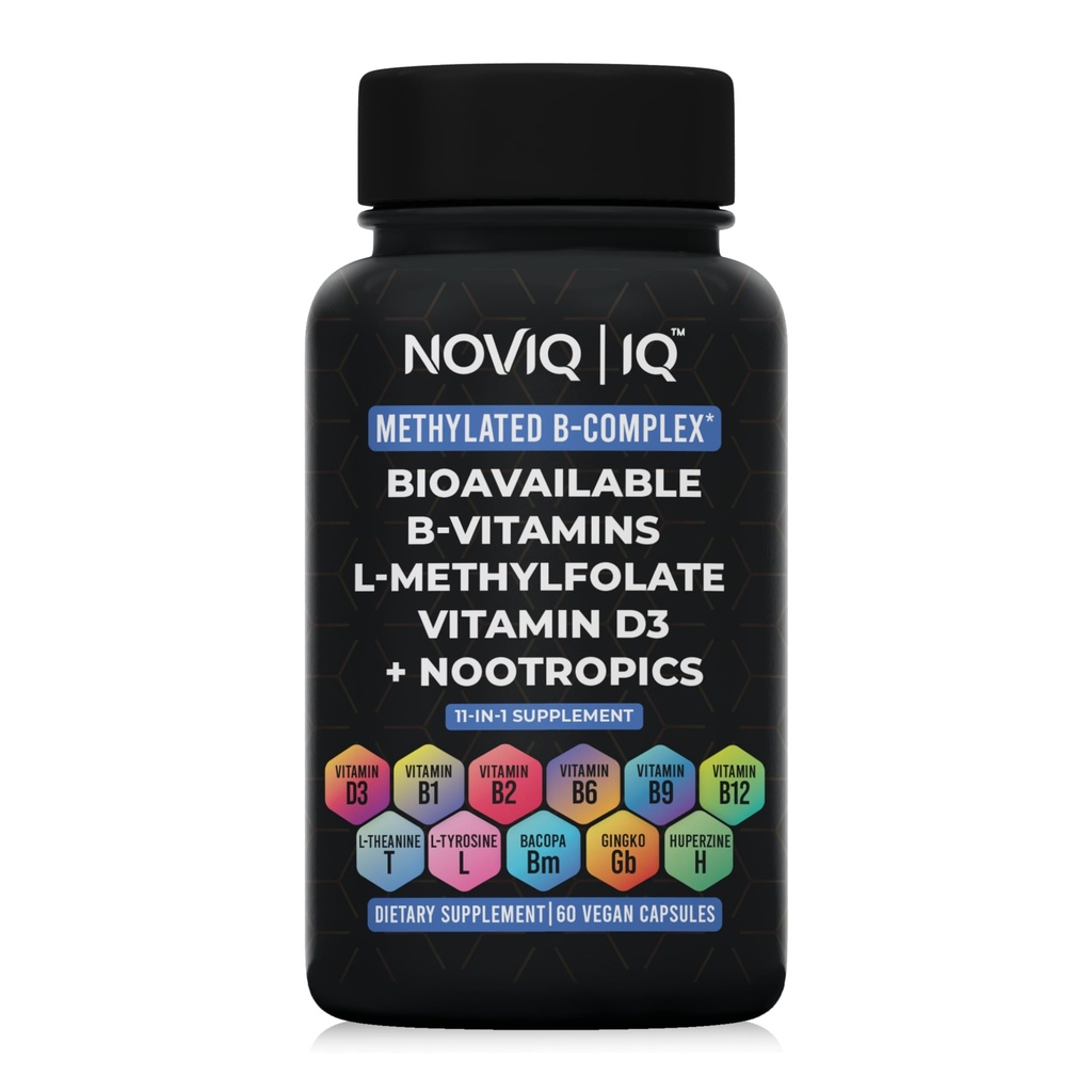 Supplément B-complexe méthylé 11-en-1 : 680mcg L-méthylfolate(5-MTHF) Thiamine(B1) Riboflavine(B2) Pyridoxal(B6) méthylcobalamine(B12) - VegD3® + Nootropique - 1 100mg+ Service - 60 comtes