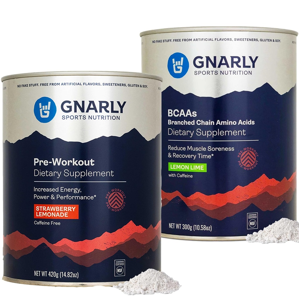 Gnarly Nutrition Gnarly Preworkout Fraise Citronade Caféine Sans (14.82oz) BCAAs Citron Lime (10.58oz)